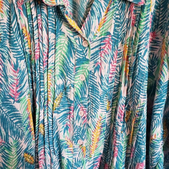 Woman Within Gauzy Pintuck Tropical Button Up Tunic Blue Sz 4X Roll Tab Vacation - Picture 5 of 11